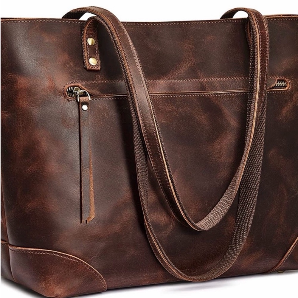 S-Zone Distressed Leather Tote Bag Brown Laptop Work Bag + Card Holder - Picture 2 of 13